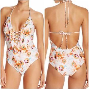 Shoshanna Deep V Halter One Piece Lace Up Swimsuit Bathing Suit Size 6 $230